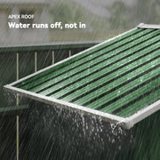 Apex roof of the green metal shed with rain running off the sloped panels