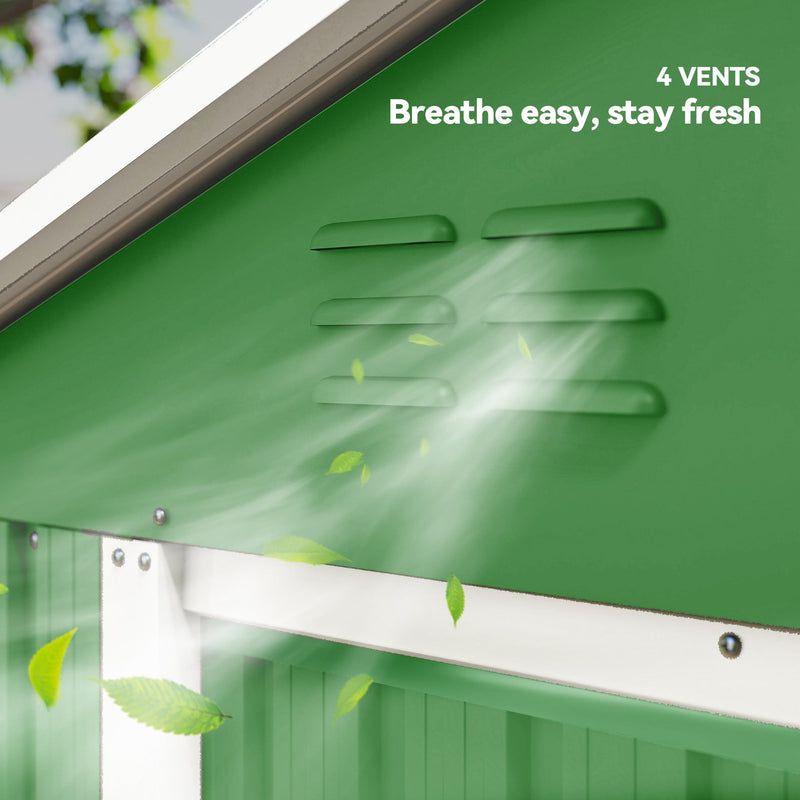 Close-up of the louvred vents on the green shed gable with air flowing through