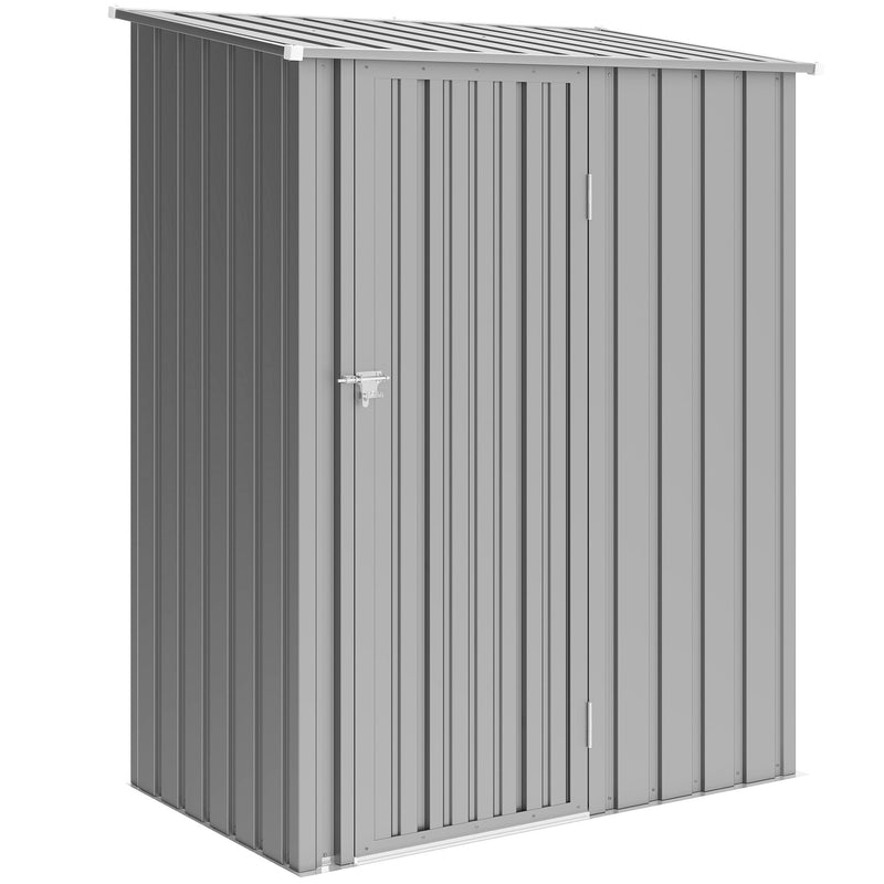 Aluminium grey 5x3ft lean-to metal garden shed with pent roof, door closed, studio view