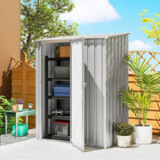 Lean-to metal shed on a patio with the door open showing shelves of tools inside