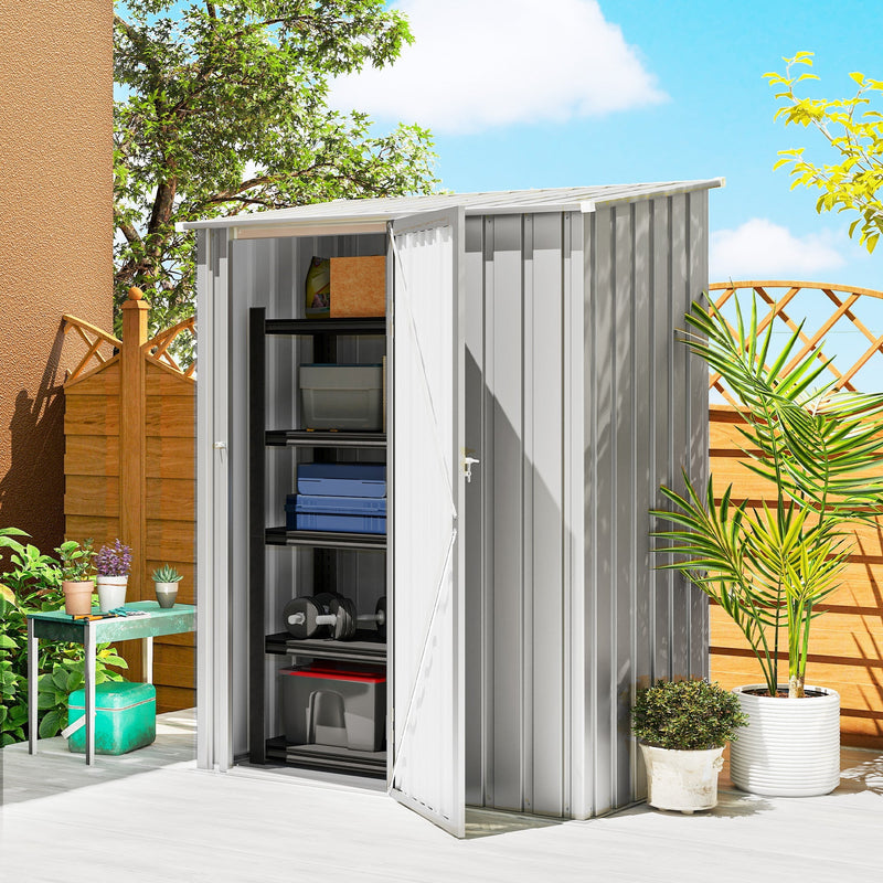Lean-to metal shed on a patio with the door open showing shelves of tools inside