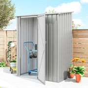 Metal garden shed with the door open and a folding sack truck stored inside