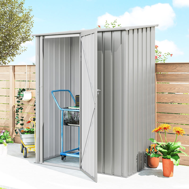 Metal garden shed with the door open and a folding sack truck stored inside