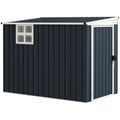 Dark grey lean-to metal garden shed with a window on the long side, studio view