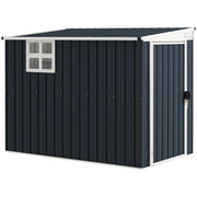 Dark grey lean-to metal garden shed with a window on the long side, studio view