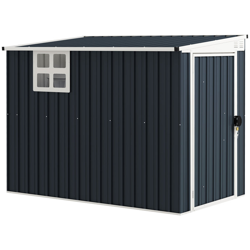 Dark grey lean-to metal garden shed with a window on the long side, studio view