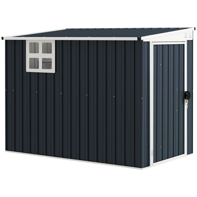 Dark grey lean-to metal garden shed with a window on the long side, studio view