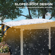 Sloped roof design panel showing snow resting on and running off the shed roof