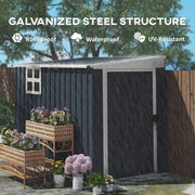 Galvanised steel structure panel showing heavy rain falling on the dark grey shed