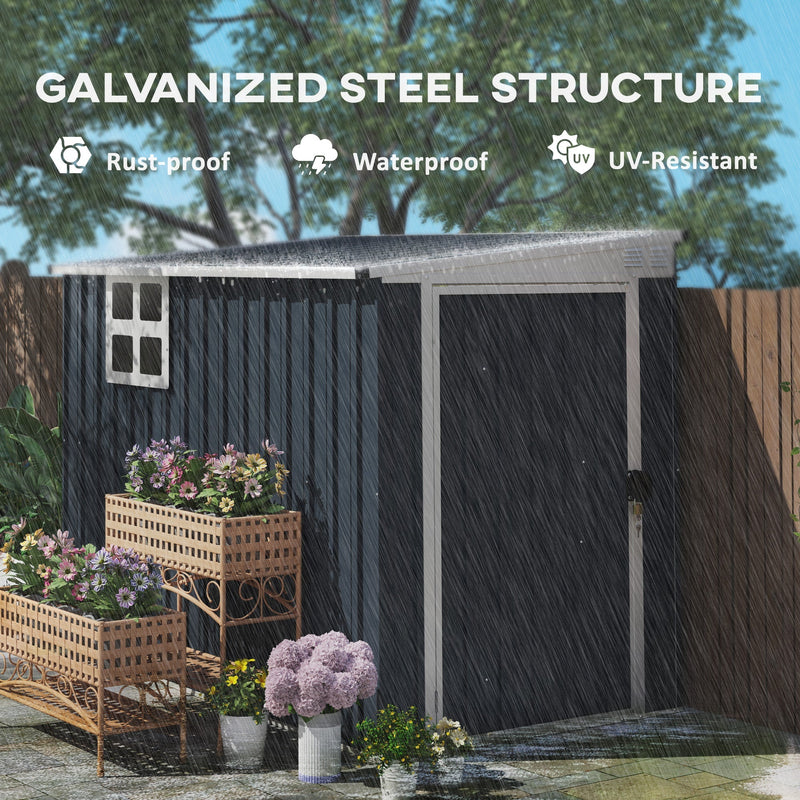 Galvanised steel structure panel showing heavy rain falling on the dark grey shed