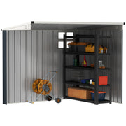 Cutaway view of the shed interior with a shelf unit, hose reel and boxed tools