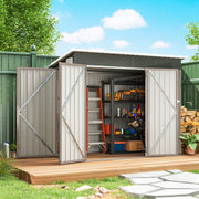 Light grey metal shed on decking with double doors open showing a ladder and tools