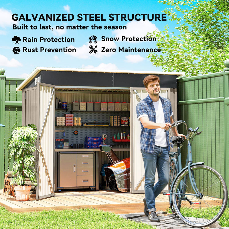 Man standing with a bicycle next to the open light grey metal garden shed