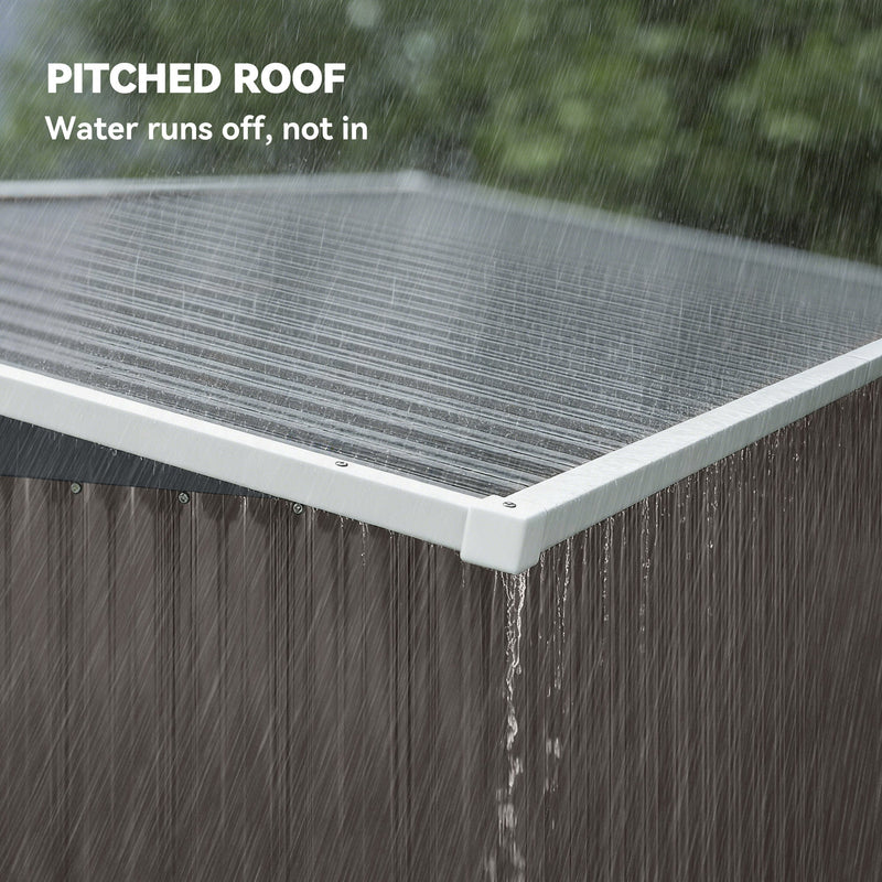 Close-up of the pent roof edge with rain running off the light grey shed