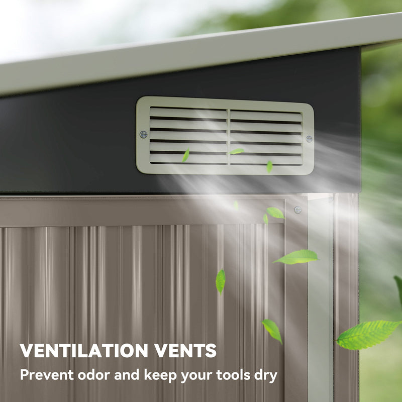 Close-up of the wall ventilation vent on the light grey metal shed