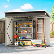 Cutaway view of the shed shown filled with tools, a ladder and sports gear