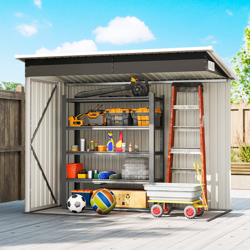 Cutaway view of the shed shown filled with tools, a ladder and sports gear