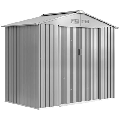 Silver 7x4ft Outsunny metal garden shed with apex roof shown closed from the front