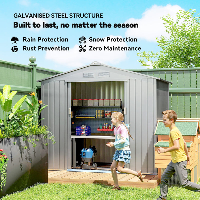 Two children running past the open silver metal garden shed on a lawn