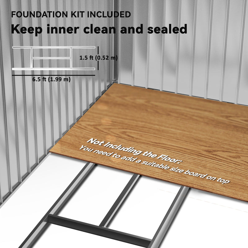 Feature panel showing the steel foundation kit, with the floor board not included