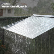 Close-up of the apex roof with rain running off the silver metal shed