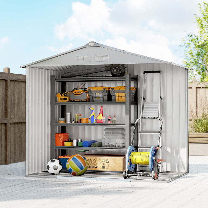 Silver metal shed with doors open, shown filled with tools, a ladder and a hose reel