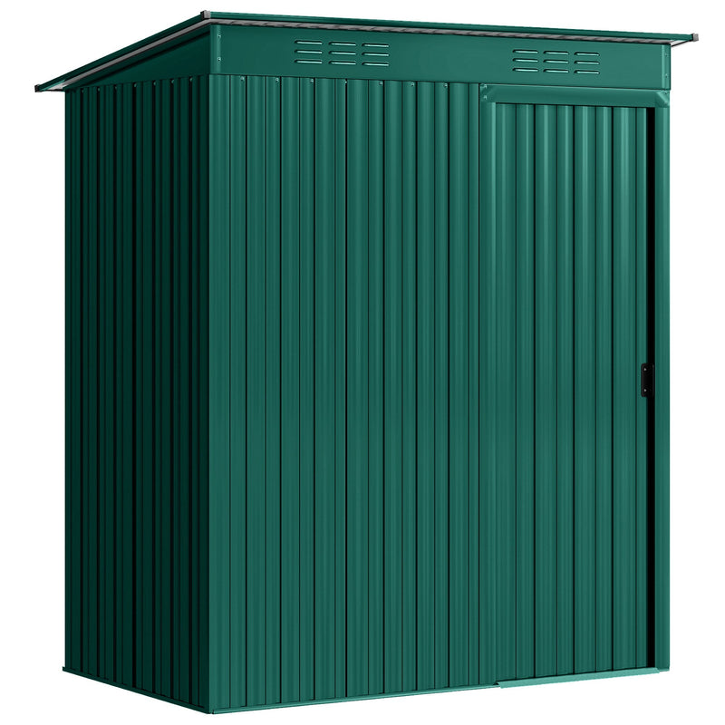 Dark green 5x3ft Outsunny metal garden shed shown closed from the front