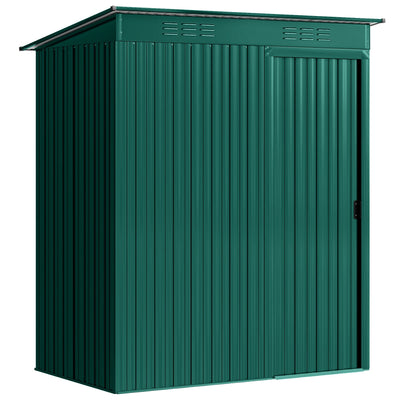 Dark green 5x3ft Outsunny metal garden shed shown closed from the front