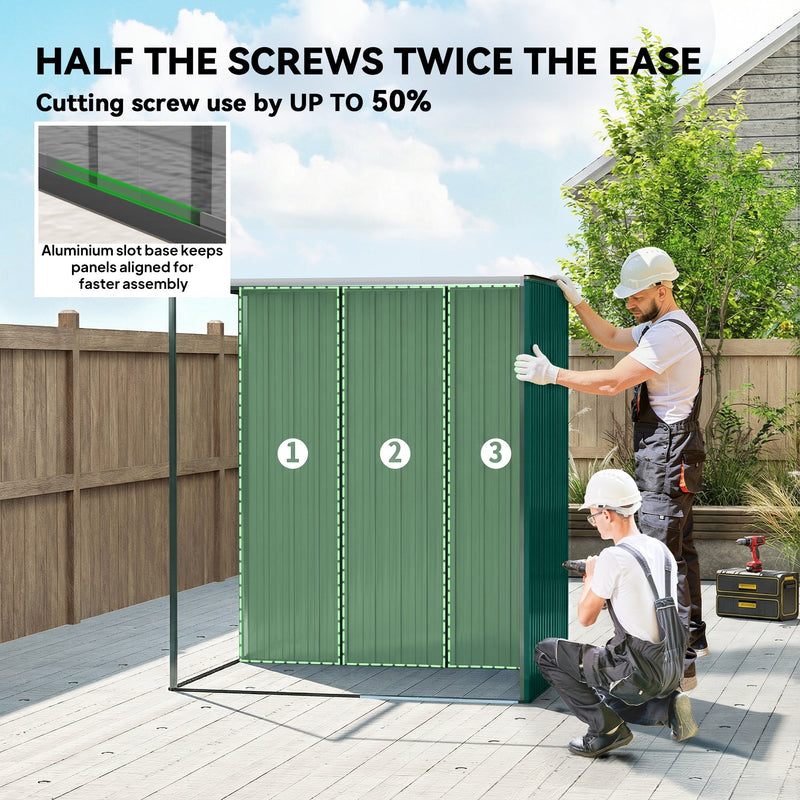 Two people assembling the green metal shed using the aluminium slot base