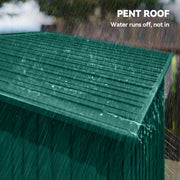 Close-up of the green pent roof running rainwater off the shed edge