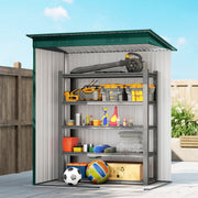 Cutaway view of the green shed interior shown filled with tools and sports gear