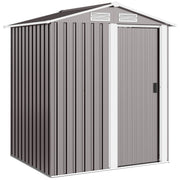 Grey 5x4ft apex metal garden shed with sliding door closed, plain studio view