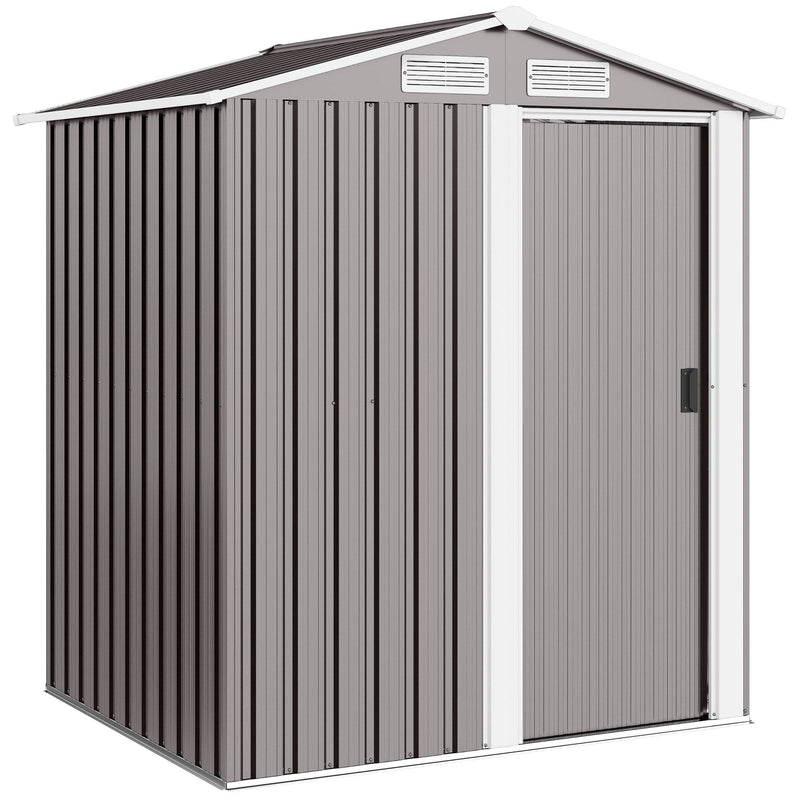 Grey 5x4ft apex metal garden shed with sliding door closed, plain studio view