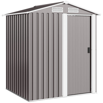 Grey 5x4ft apex metal garden shed with sliding door closed, plain studio view