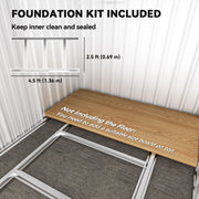 Foundation kit panel showing the steel base frame, with a note that the floor is not included
