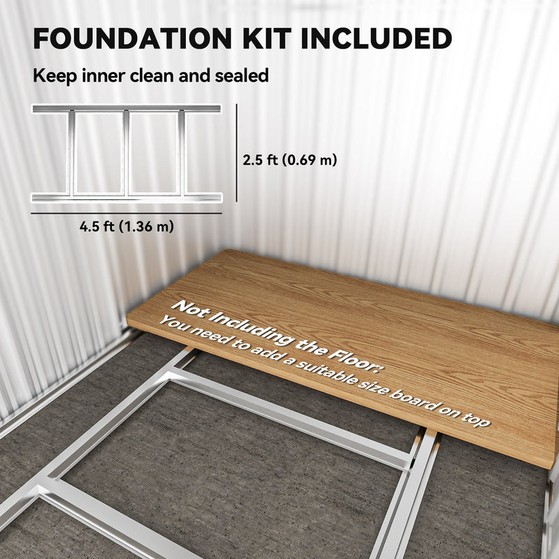 Foundation kit panel showing the steel base frame, with a note that the floor is not included