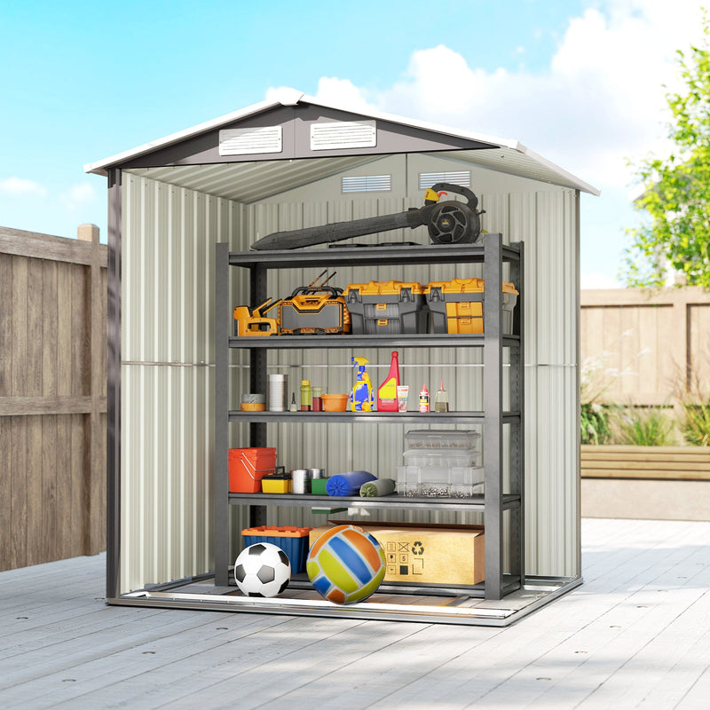 Cutaway view of the apex shed interior with a shelf unit, power tools and sports balls