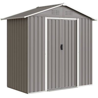 Light grey 6x3.5ft Outsunny metal garden shed with closed double sliding doors, studio view