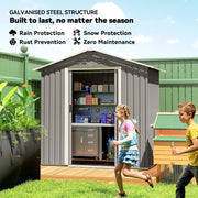 Children running past the light grey shed, galvanised steel rain, snow and rust protection panel