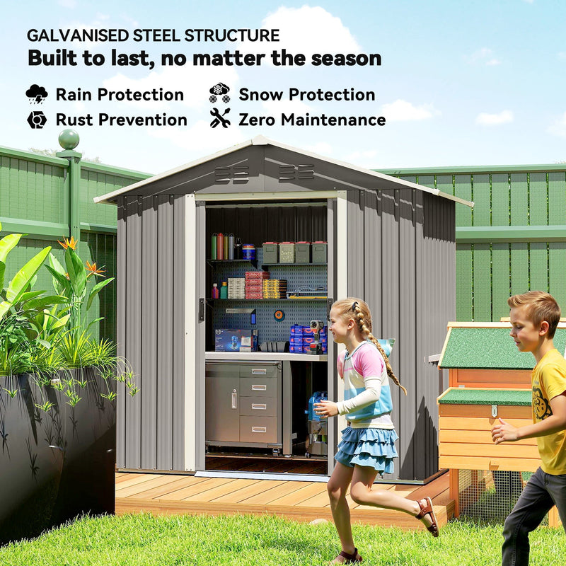Children running past the light grey shed, galvanised steel rain, snow and rust protection panel