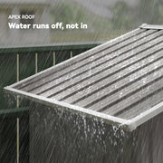 Rain running off the shed's apex roof, showing how water sheds to both sides