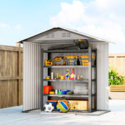 Interior view of the 6x3.5ft shed with doors open wide and a shelving unit of tools inside