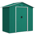 Green 6x4ft Outsunny metal garden shed with closed sliding doors, front angle