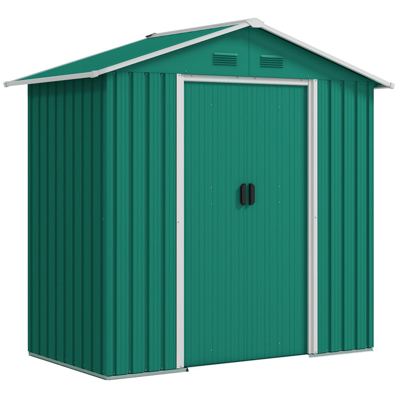Green 6x4ft Outsunny metal garden shed with closed sliding doors, front angle