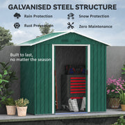 Galvanised steel structure of the green shed shown resisting rain, snow and rust