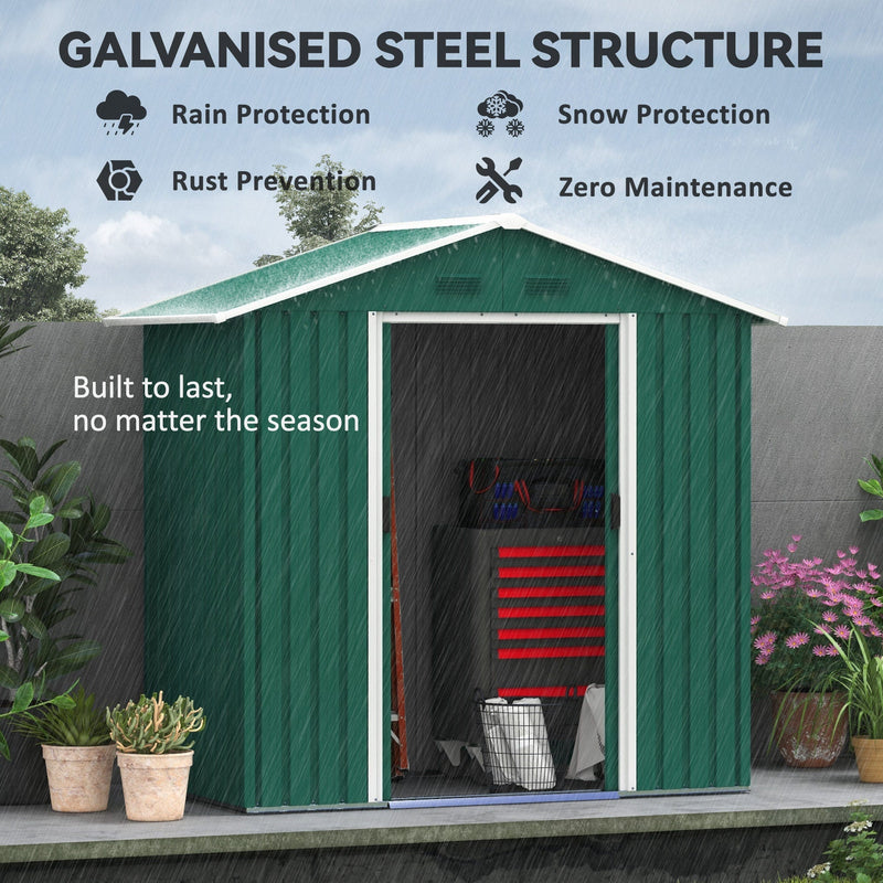 Galvanised steel structure of the green shed shown resisting rain, snow and rust
