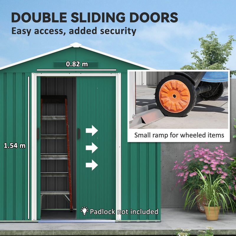 Sliding doors on the green shed with an 82 cm wide opening and a 154 cm high doorway