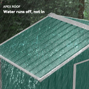 Apex roof of the green metal shed with rain running off the ridge