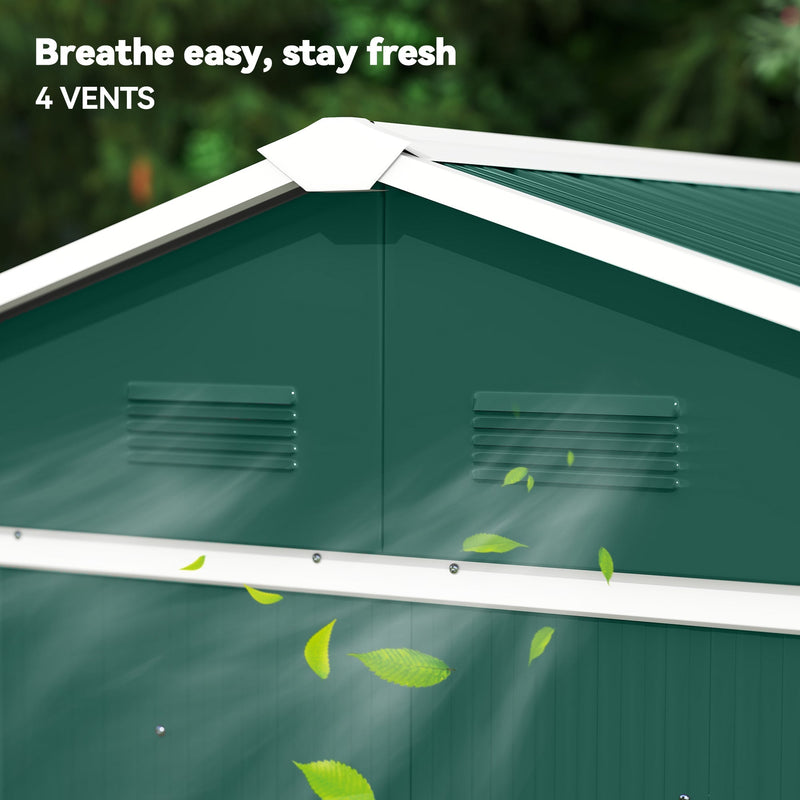 Close-up of the louvred vents on the green shed gable with air flowing through