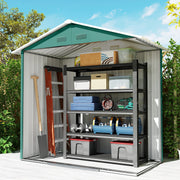 Green metal shed with doors open holding a spade, boxes and garden tools
